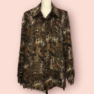 3/$10 CDW Button Up Blouse L Fuzzy Eyelash Leopard Print Sheer